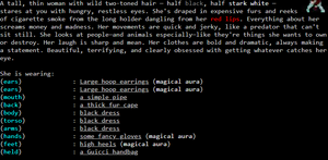 A tall, thin woman with wild two-toned hair - half black, half stark white - stares at you with hungry, restless eyes.