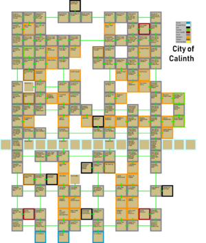 A graphical map of the city of Calinth with room names.